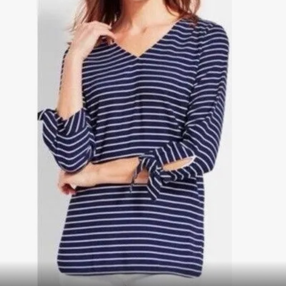 Talbots navy ivory striped v neck short sleeves with ties tunic blouse Sz M
